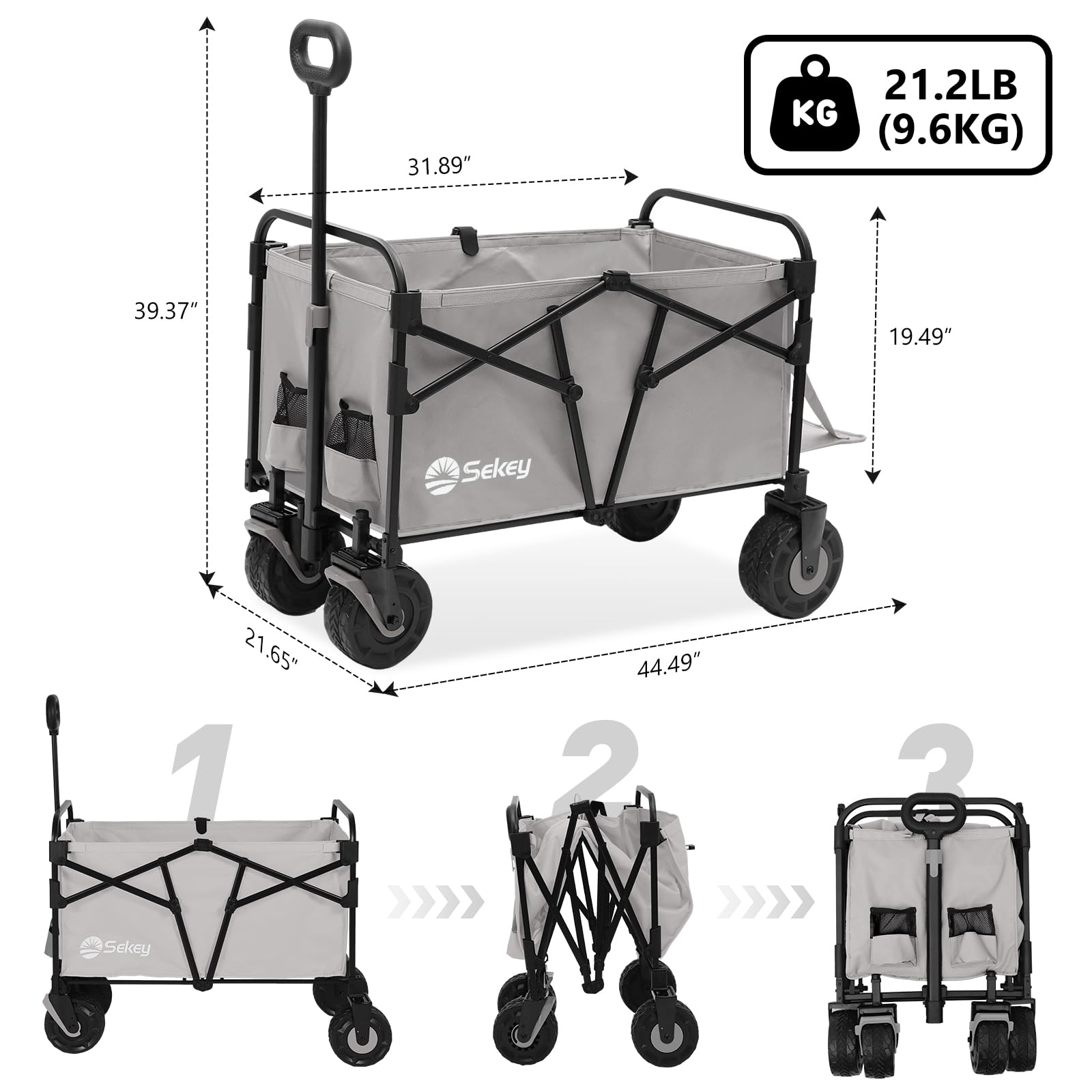 Sekey 332L Folding Festival Trolley with Expandable Tailgate, Patented Design Beach Cart - Diamond Collapsible, Wide All-Terrain Wheels, Brake, 350LB Load Capacity Heavy Duty Wagon for Camping, Black