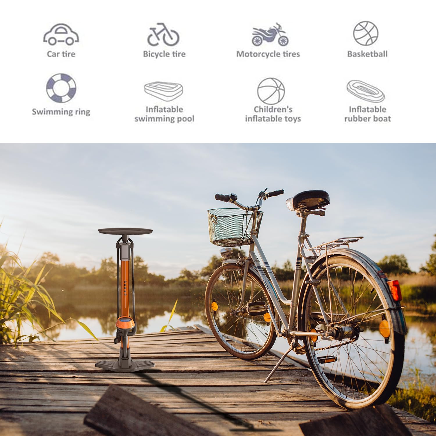 GOBKO Bike Pump Bicycle Floor Pump with Gauge, Bicycle Pumps with Presta and Schrader tire Pump multifunctional Air Pump for Road Bike MTB Sports Balls Pump High Pressure 160Psi &11Bar