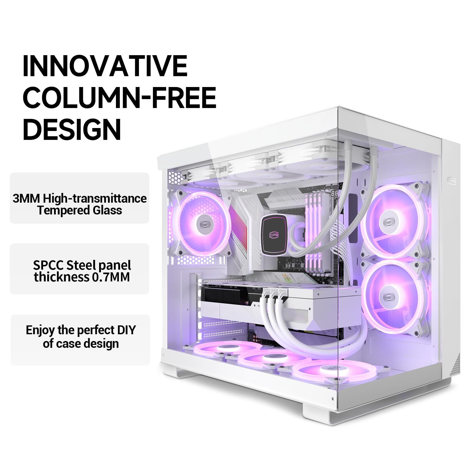 PCCOOLER CPS C3T500 AIRFLOW Mid-Tower ATX/M-ATX/ITX Case, Pre-installed 6 120mm PWM ARGB Fans,Column-Free Design,270° Full View Tempered Glass,360MM Radiator&400MM GPU Support,Easy Installation,WH