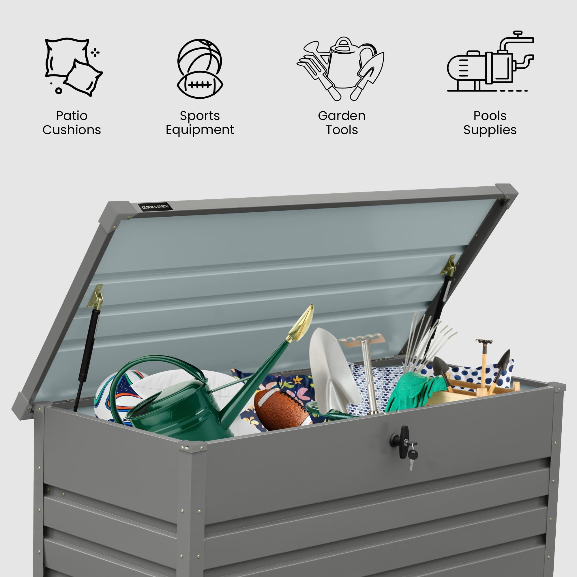 Olsen & Smith 1000L Extra Large XL Metal Outdoor Garden Storage Box - Weather Resistant Heavy Duty Garden Box with Built In Lock - Massive Capacity Storage Chest for Tools Cushions Toys & More, Grey