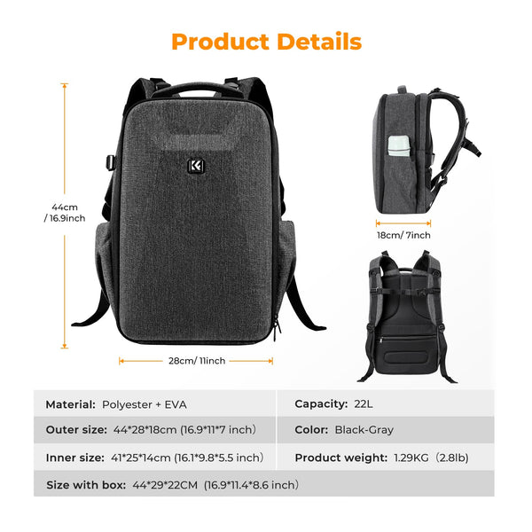 K&F Concept Camera Backpack,Hardshell DSLR Photography Camera Bag with 15-15.6 Inch Laptop Compartment Waterproof Camera Case Compatible for Canon/Nikon/Sony/DJI Mavic Drone