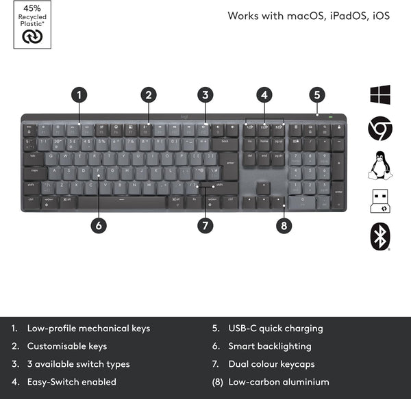 Logitech MX Mechanical Wireless Illuminated Performance Keyboard, Tactile Quiet Switches, QWERTY UK English Layout - Grey