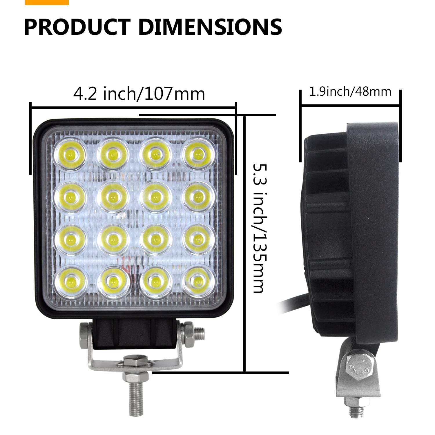 RIGIDON 2 Pcs Square Led Work Light, 4 inch 48W Spot Beam, 12V 24V Driving Lights Lamp for Car Off road Boat Truck 4x4 SUV ATV Tractors Excavator, 6000K White, Fog Lamp
