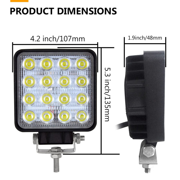 RIGIDON 2 Pcs Square Led Work Light, 4 inch 48W Spot Beam, 12V 24V Driving Lights Lamp for Car Off road Boat Truck 4x4 SUV ATV Tractors Excavator, 6000K White, Fog Lamp