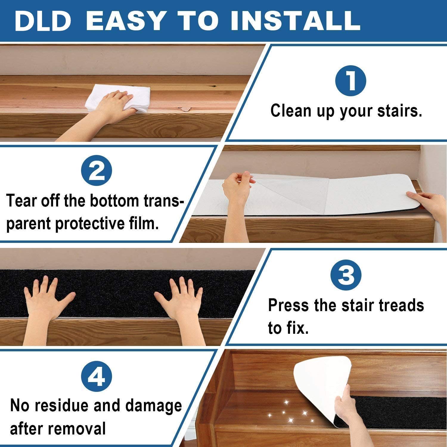 DLD Stair Treads 8"x30" Non-Slip Indoor Stair Runners for Wooden Steps, 14-PackAnti-Slip Strips for Safety and Grip