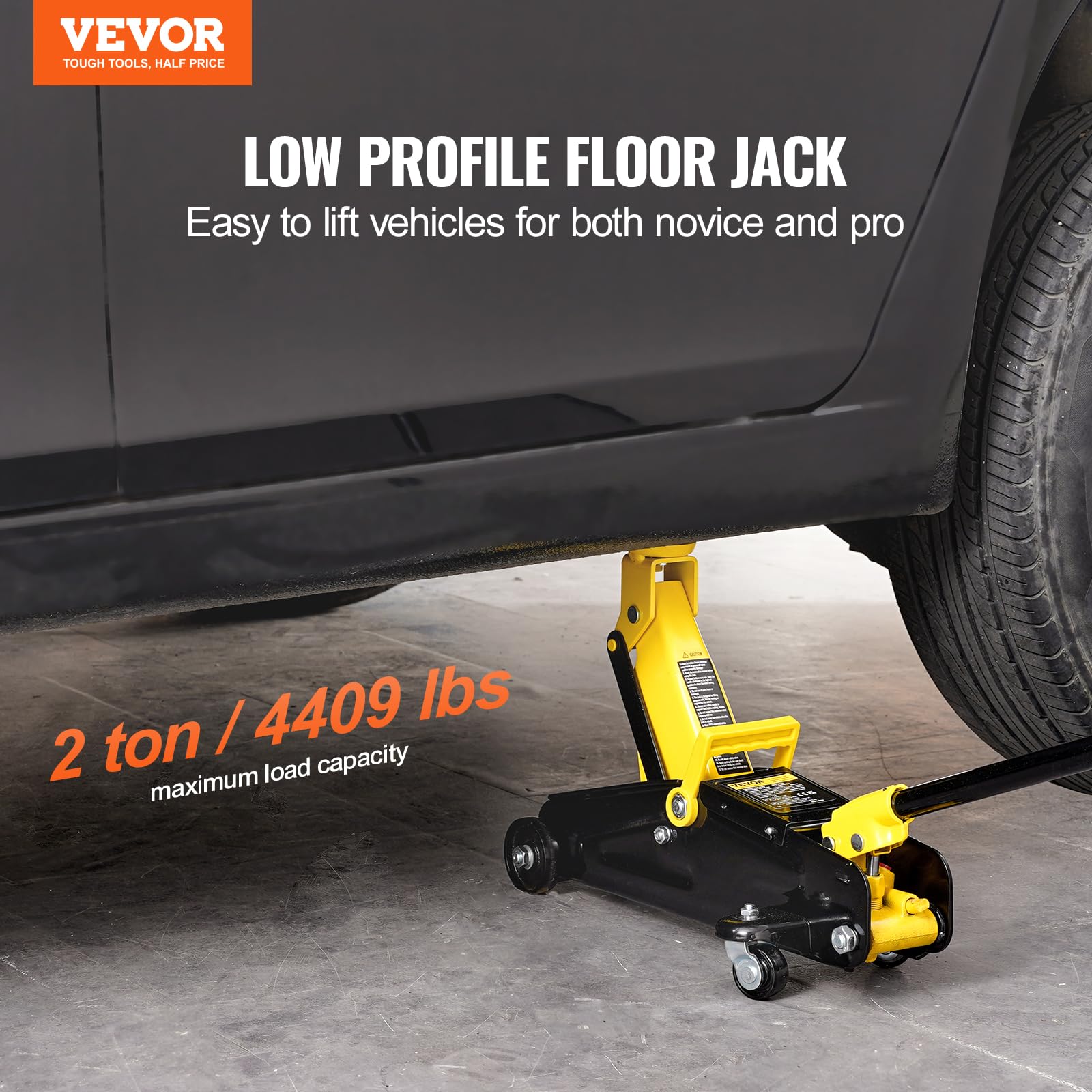 VEVOR Low Profile Floor Jack 1.5 Ton (3300 lbs), Heavy Duty Iron Hydraulic Racing Floor Jack, Hydraulic Car Jack, Single Piston Quick Lift Pump, 4.7"-12.1" Height Lifting Range (Yellow)