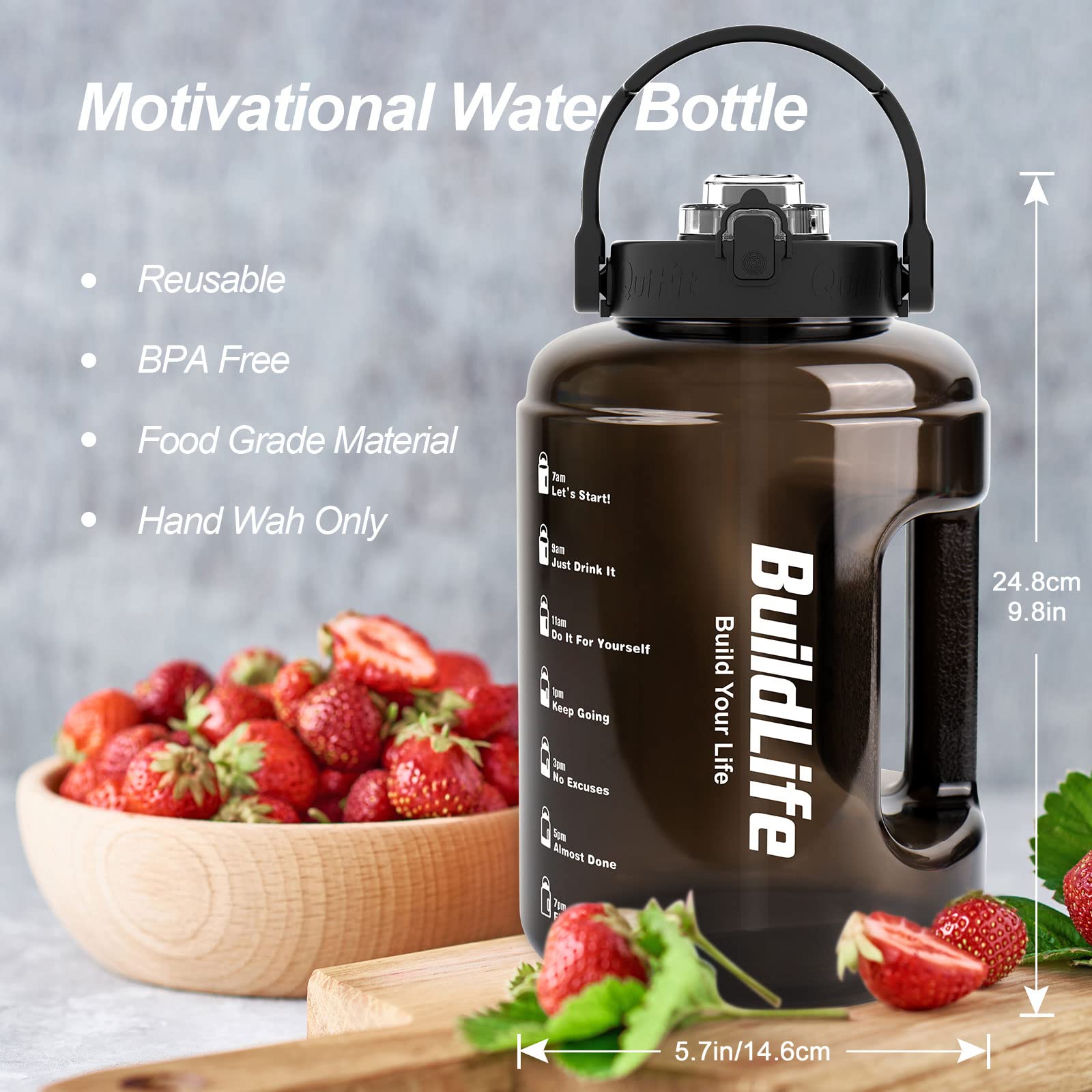 BuildLife Water Bottles with Straw & Flip Cap 2 in 1 Lid - Large Water Bottle with Time Markings BPA Free Leak Proof Wide Mouth Drinks Bottle,2.5 Litre Durable Sports Water Bottle (Black)