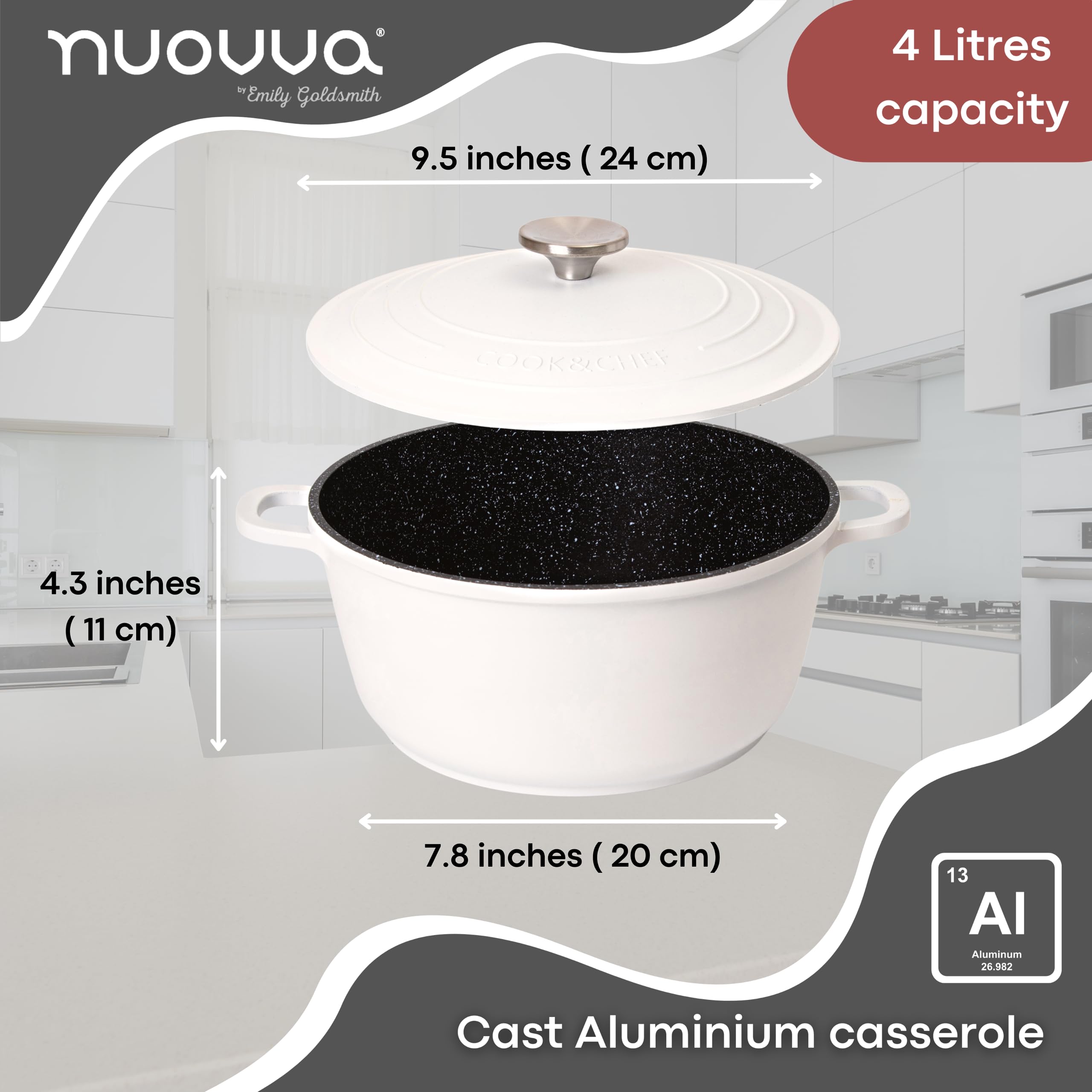 Casserole Dishes with Lid Oven Proof  Non Stick Deep Dutch Oven  Induction Cooking Pot  Oven Safe Aluminium Stockpot  4L, 24cm, Cream  by Nuovva