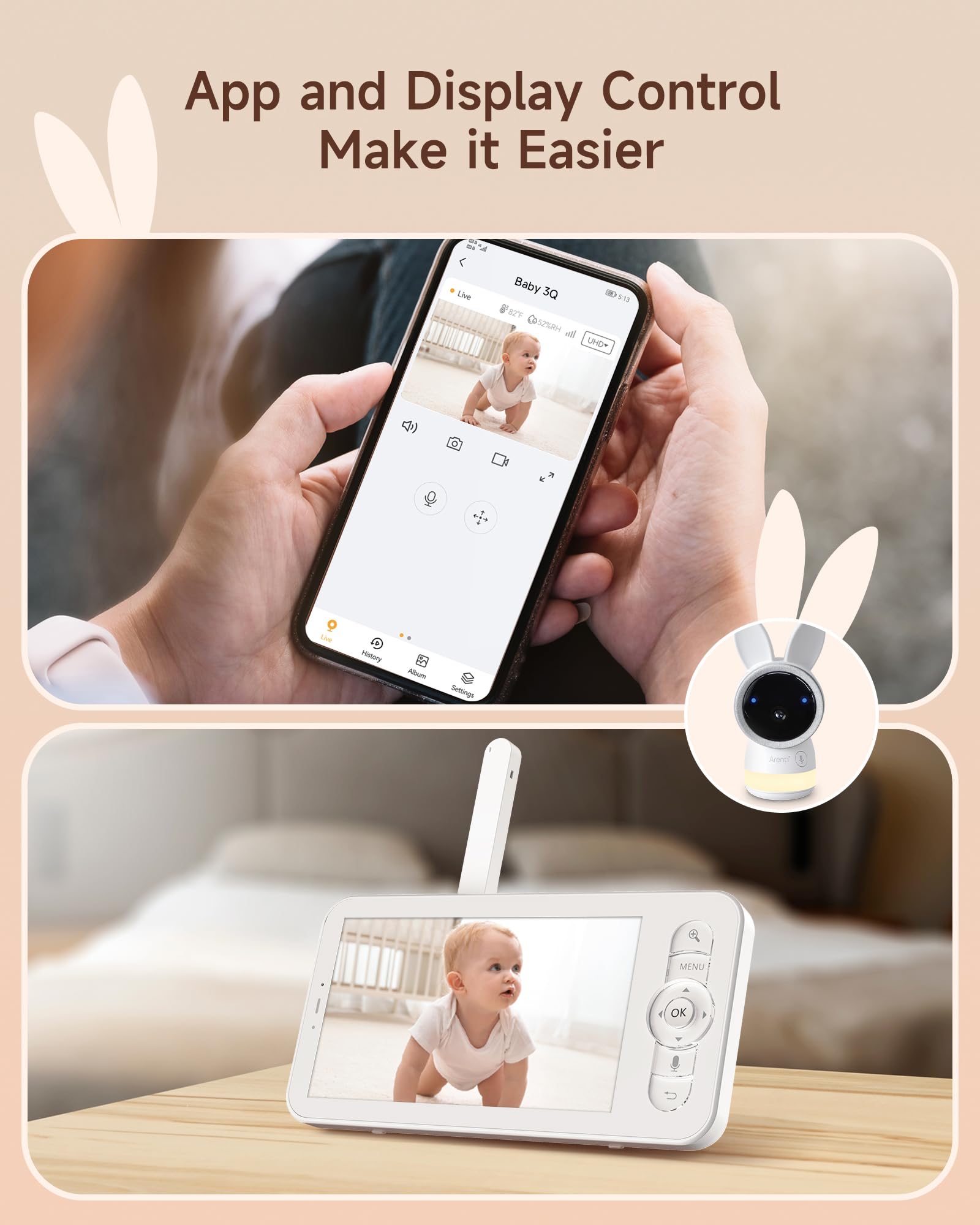 ARENTI 2.5K 5Ghz&2.4G Wifi Baby Monitor with Camera,5-inch 720P Display,Night Vision,Pan Tilt,Night Light,Auto Track,3350mAh Battery,Cry&Motion Detection,2-Way Talk,App&Screen Control