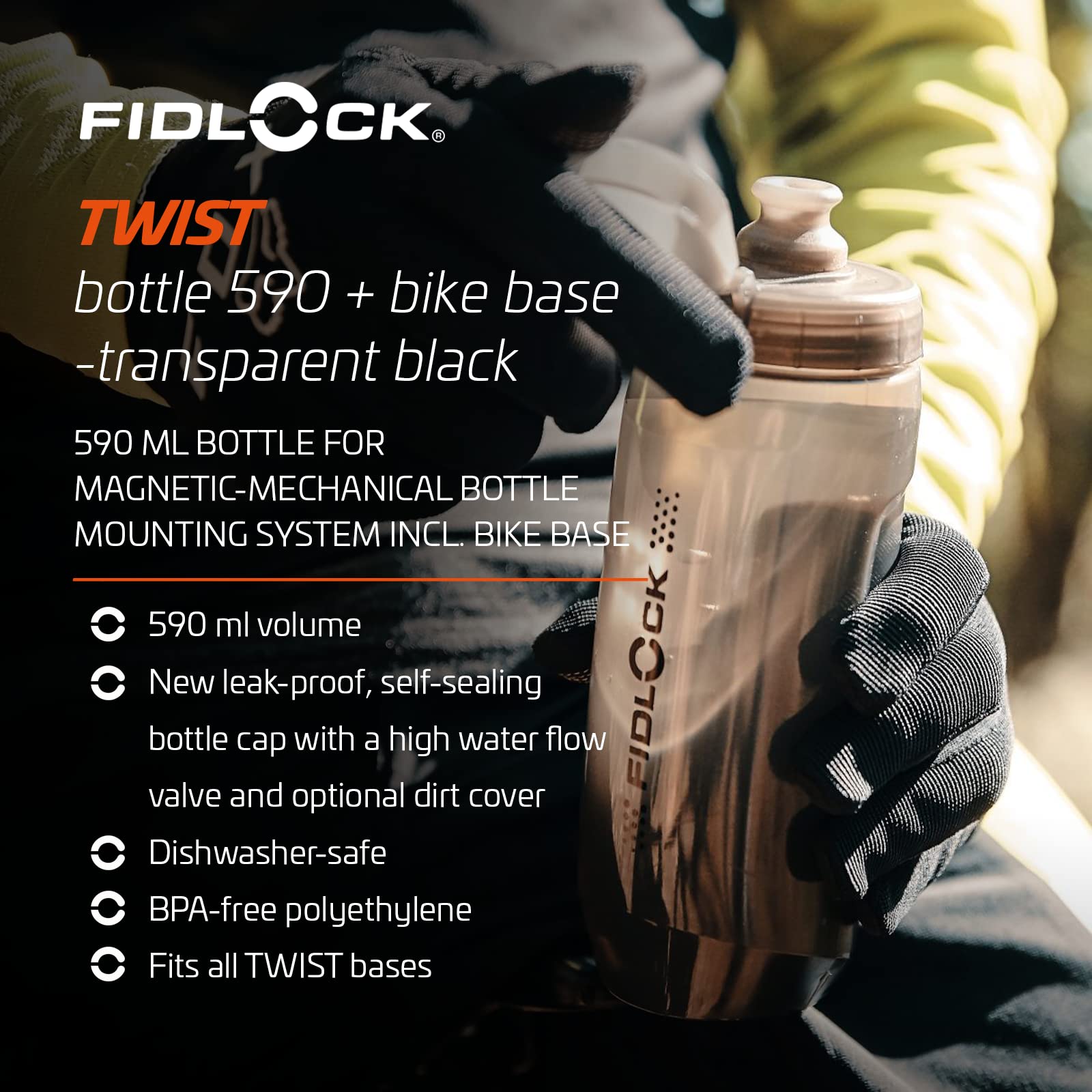 Fidlock TWIST Bottle 590 + Bike Base Clear 590ml 590Ml, Black