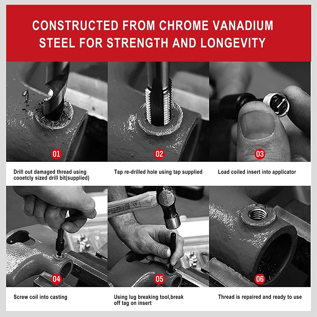 FOURROBBER 131PCS Thread Repair Kit, HSS Drill Helicoil Repair Kit SAE&Metric M5 M6 M8 M10 M12 Kit