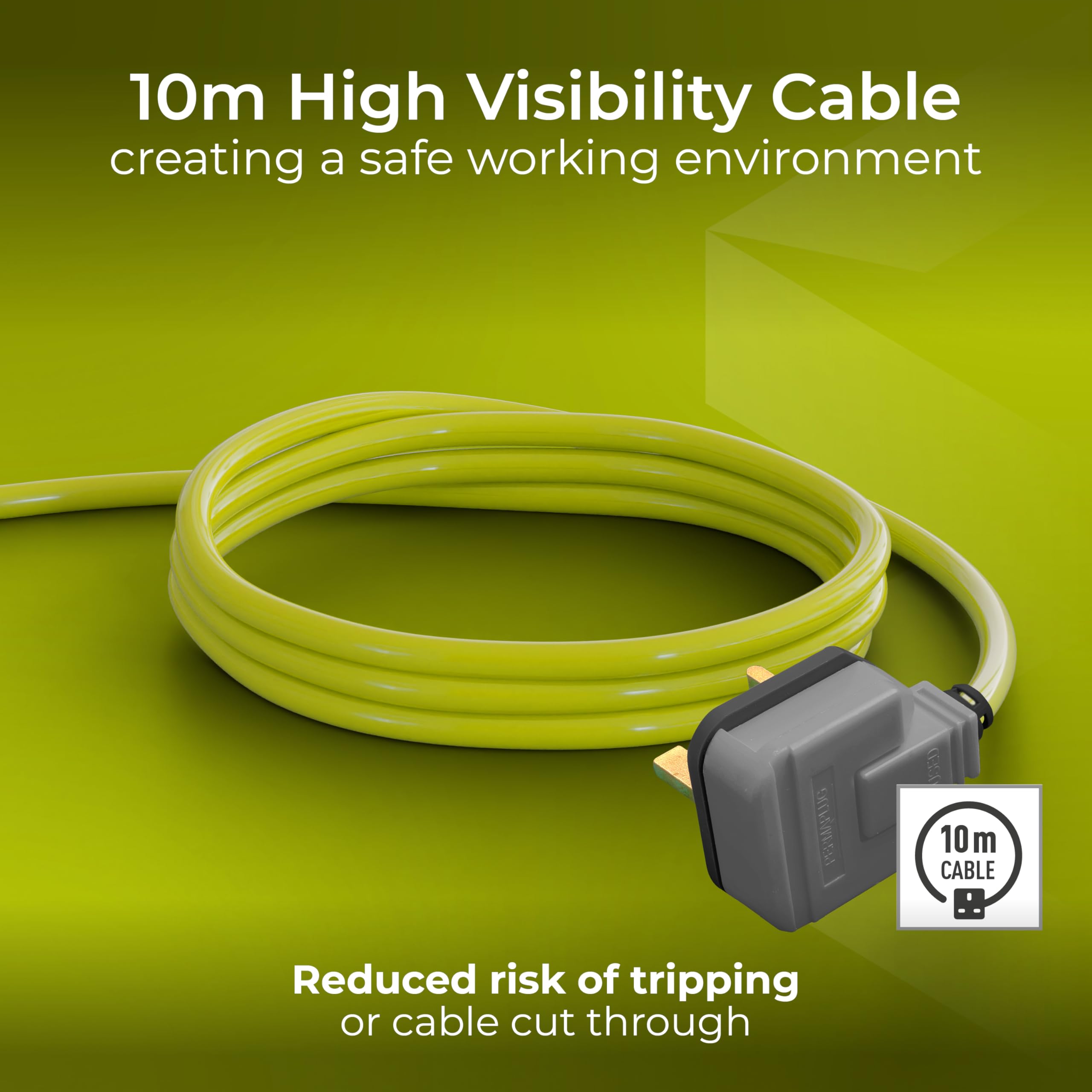 Masterplug Pro-XT Four Socket Open Cable Reel Extension Lead with Winding Handle, Thermal Cut Out and Power Switch, 25 Metres High Visibility Cable , Green