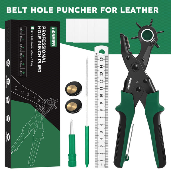 Professional Leather Hole Punch Plier - Tonmifr Heavy Duty 6 Sizes Belt & Watch Band Hole Puncher Tool, Leather Craft Tool for Belts, Handbags, Straps, Precision Ground Punches with Non-Slip Grips