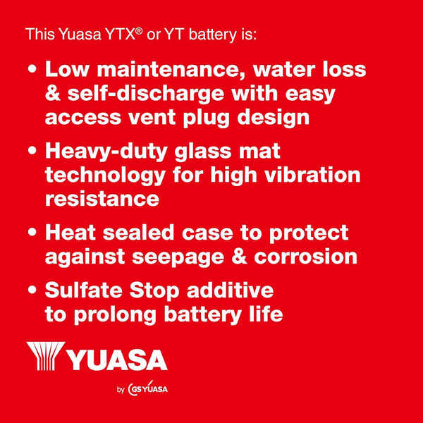 Yuasa YTX12 12V 180 CCA Maintenance Free VRLA AGM Motorbike Battery, Black