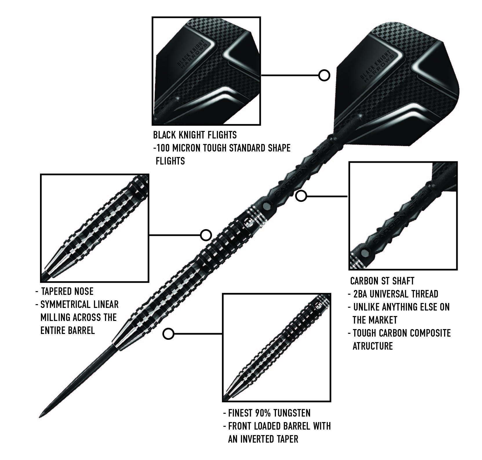 Harrows Black Knight 90% Tungsten Steel Tip Darts Set, 21g - 26g - Includes Black Carbon ST Midi Shafts & Micron Black Knight Flights (22g)