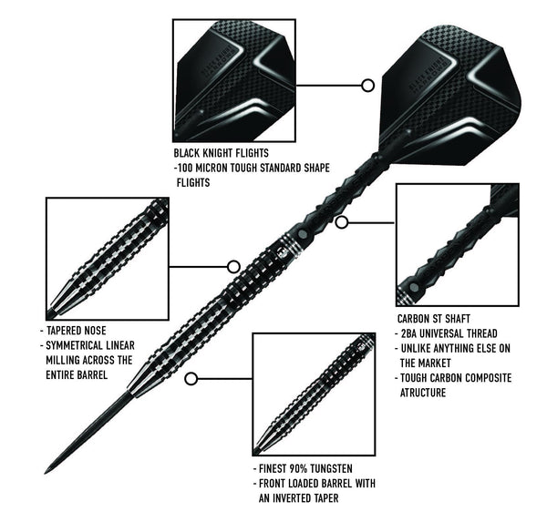Harrows Black Knight 90% Tungsten Steel Tip Darts Set, 21g - 26g - Includes Black Carbon ST Midi Shafts & Micron Black Knight Flights (22g)
