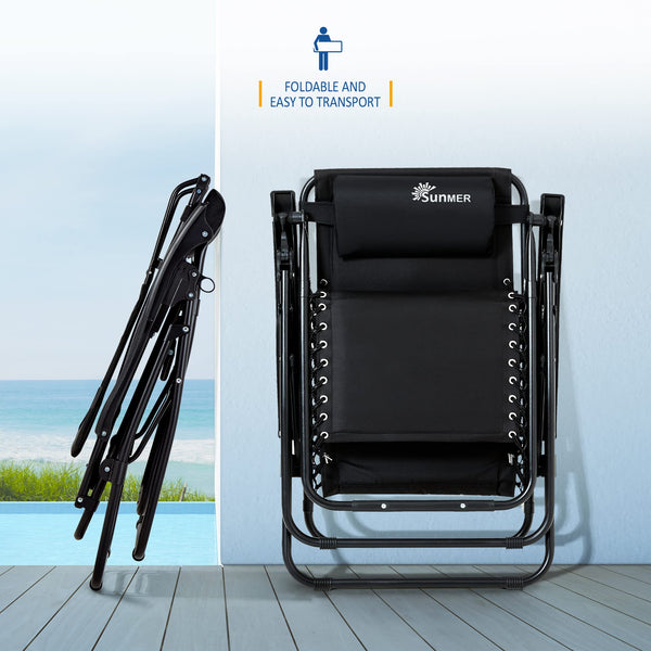 Set of 2 Sun Lounger Garden Chairs With Cup And Phone Holder | Adjustable Headrest Pillow | Deck Folding Recliner Zero Gravity Outdoor Chair - Black