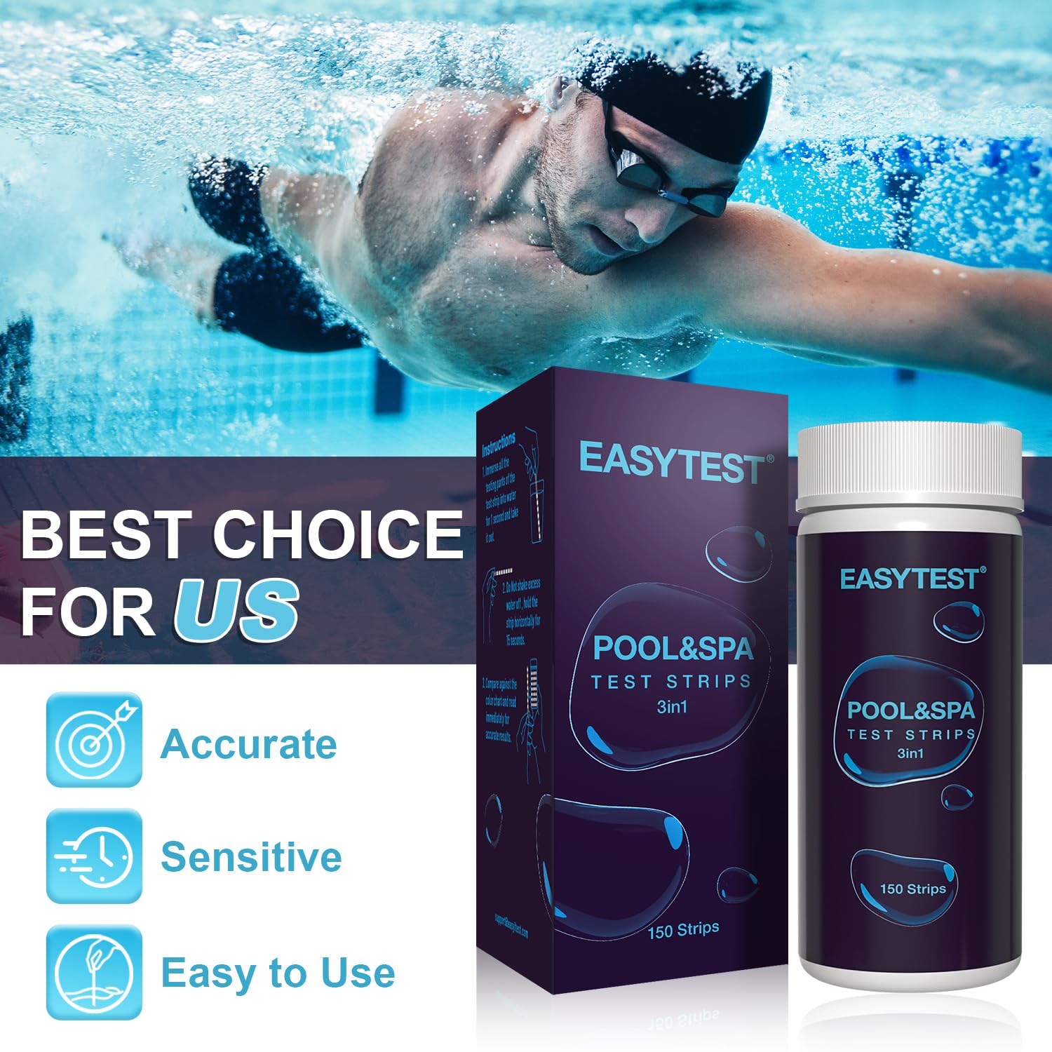 EASYTEST Hot Tub Test Strips, 150 Strips Pool and Spa Test for pH,Total Alkalinity,Free Chlorine and Bromine, Accurate 3 in 1 Pool Water Testing Kit