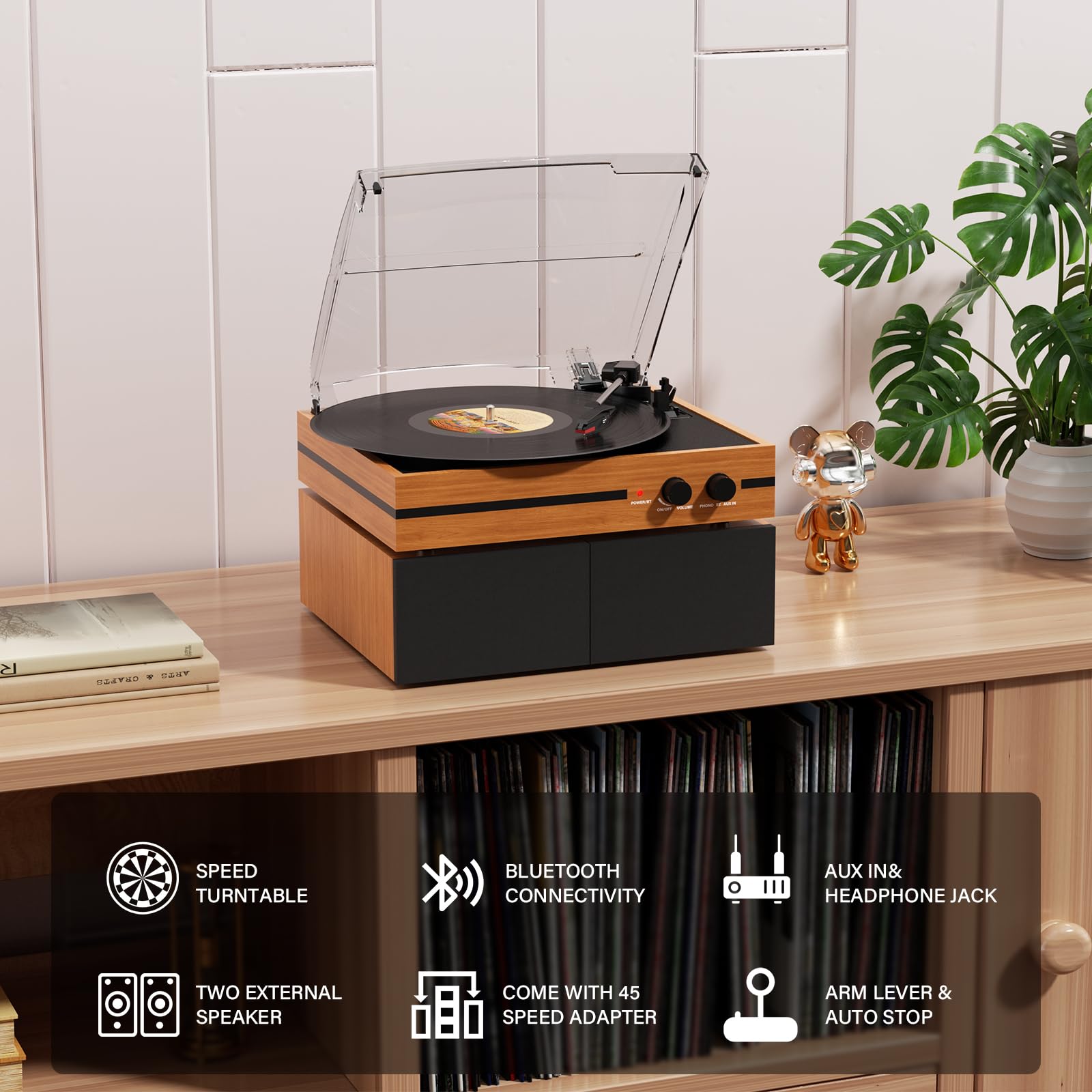 Retro Vinyl Record Player Bluetooth Desktop Phonograph Belt-Drive Turntable with External Speakers,Dual Stereo Speakers LP Players AUX Headphone Input RCA Out, 3 Speeds 3 Sizes Wood Brown