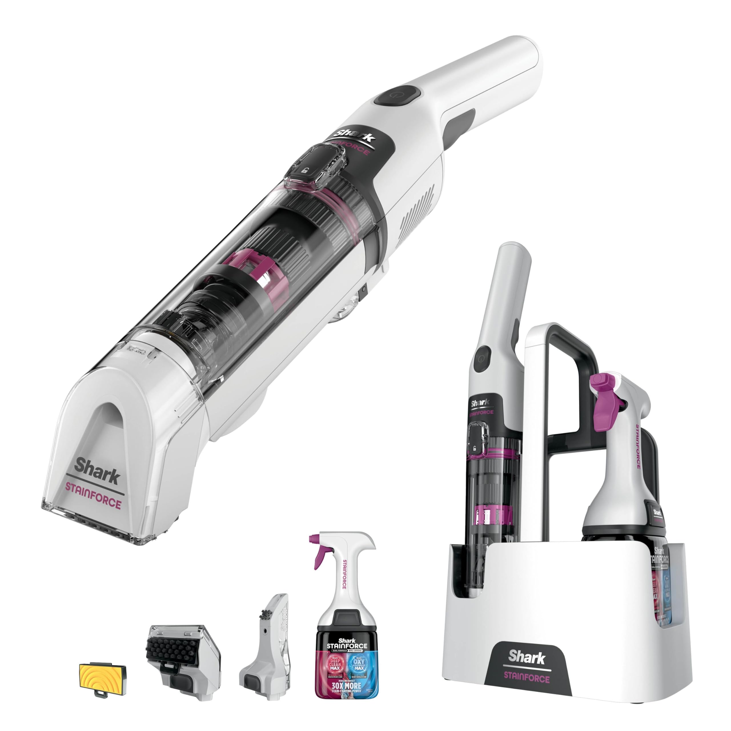 Shark StainForce Cordless Spot Cleaner Lightweight & Portable Spot, Stain, & Odour Eliminator for Carpets, Upholstery, Cars, with Storage Caddy, Accessories and 500ml Cleaning Solution, HX100UKT