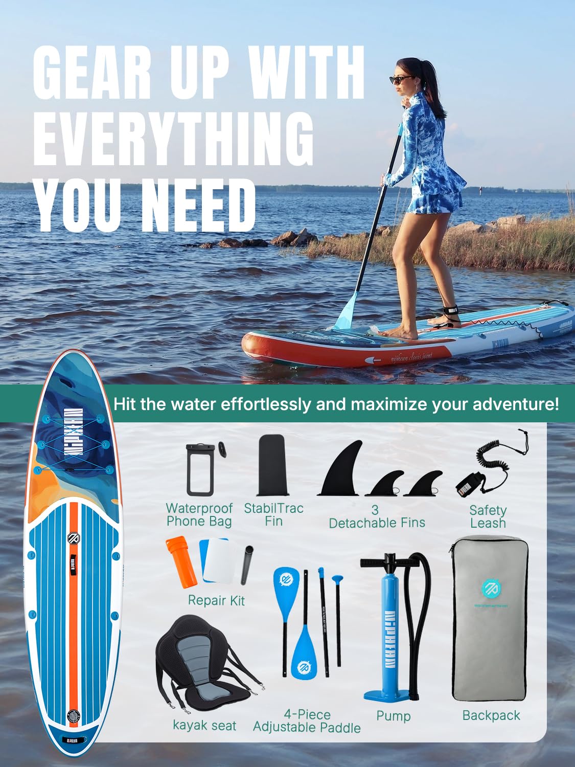 Niphean Inflatable Paddle Boards for Adults with All Accessories, 320cm Stand Up Paddle Board for All Skill Levels, SUP with 200kg Weight Capacity for 2 People, Inflatable Paddleboard with Seat