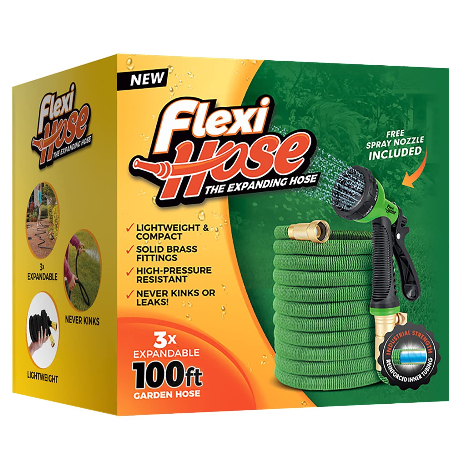 Flexi Hose Expandable Garden Hose - 100FT Heavy Duty Water Hose, Retractable Hose with 2cm Brass Fittings - Expandable Hose Design Includes Spray