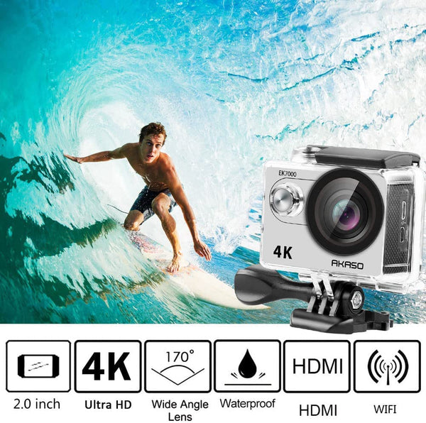 AKASO EK7000 Action Camera Floating Hand Grip Bundle - Includes 4K30FPS EK7000 Underwater Camera, Floating Hand Grip, 2 Batteries, Carrying Case, and Accessory Kits