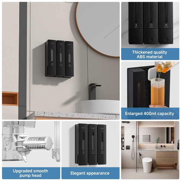1984 Shower Soap Dispenser Bathroom Set Shampoo Conditioner Body Wash Wall Mounted 3 Chamber No Drill for Home Star Hotel 3 x 400ml Black