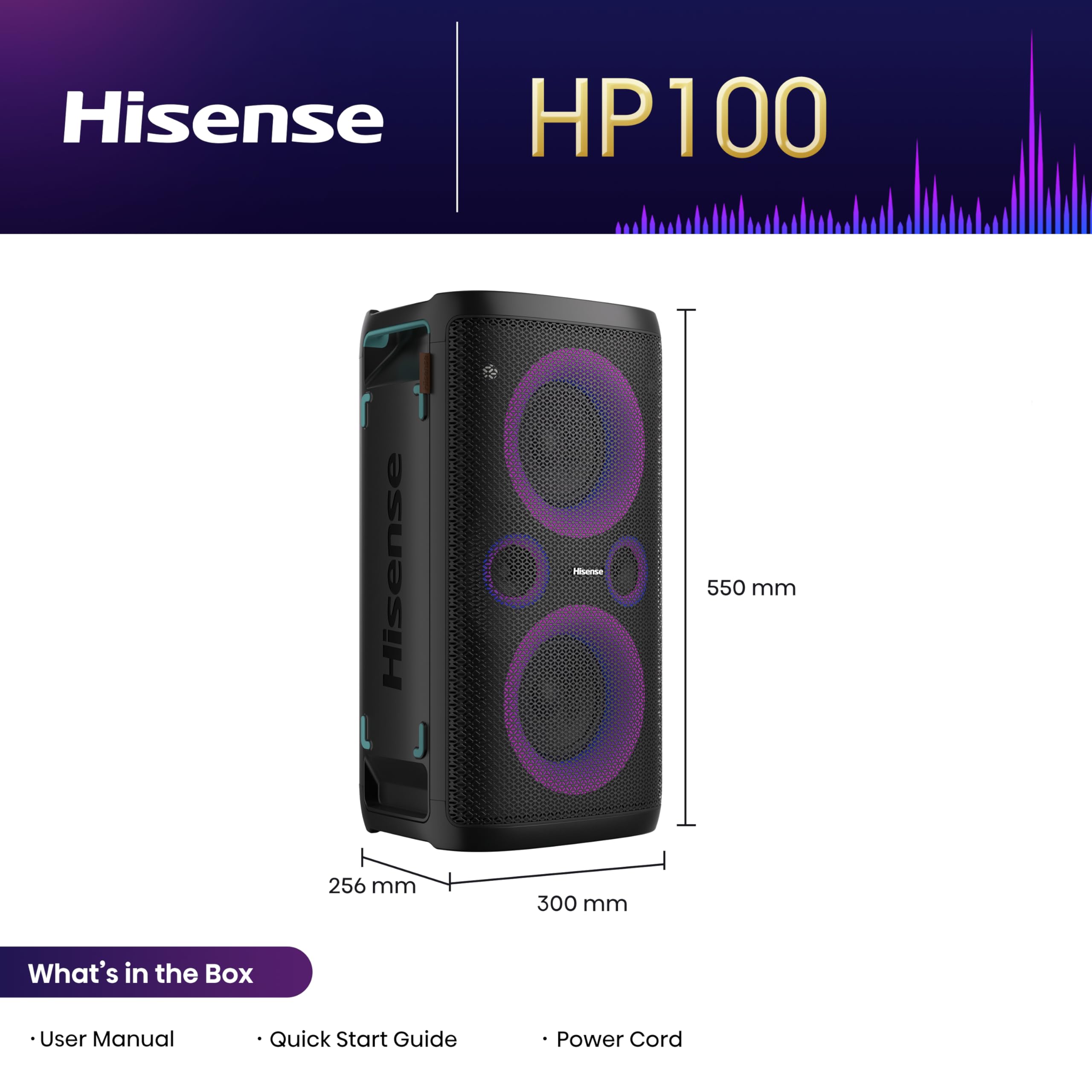 Hisense PARTY STORM, 300W Max Audio Power,15 Hrs long playtime,Karaoke Mode,Lighting effects, Wireless charge the phone, IPX4 Waterproof, Bluetooth 5.0
