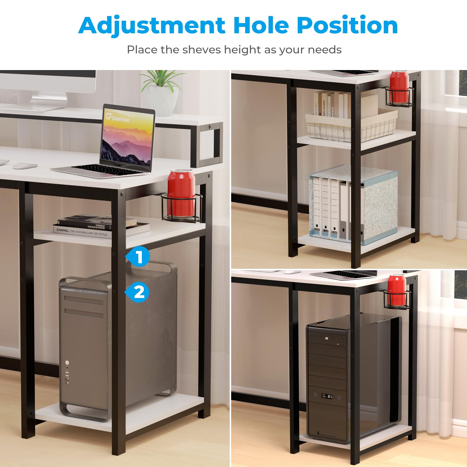 GreenForest Computer Desk with Full Monitor Stand,120 cm Home Office Desk with Reversible Storage Shelves,Small Study Desk with Headphone Hook and Cup