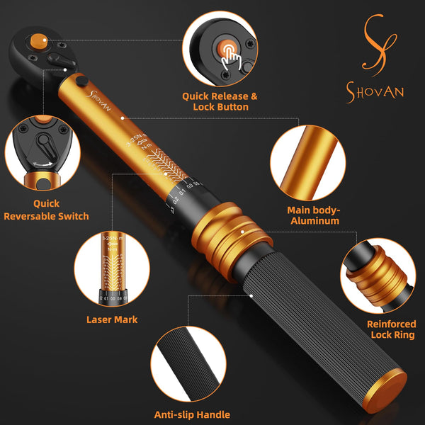 13PCS Bike Torque Wrench Set 3-25 Nm, Small Torque Wrench 1/4 Drive, Dual-Direction Adjustable 72 Teeth, ±3% Accuracy, with Extension Bar, Socket Bits (Hex & Torx), for Mountain Bike, Bicycle Repair