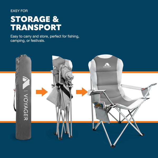 Voyager Folding Camping Chairs 2 Pack with Cooler Bag, Lightweight Q195 Steel Frame, 600D Oxford Fabric, Portable & Comfortable - Black (Black, Padded)