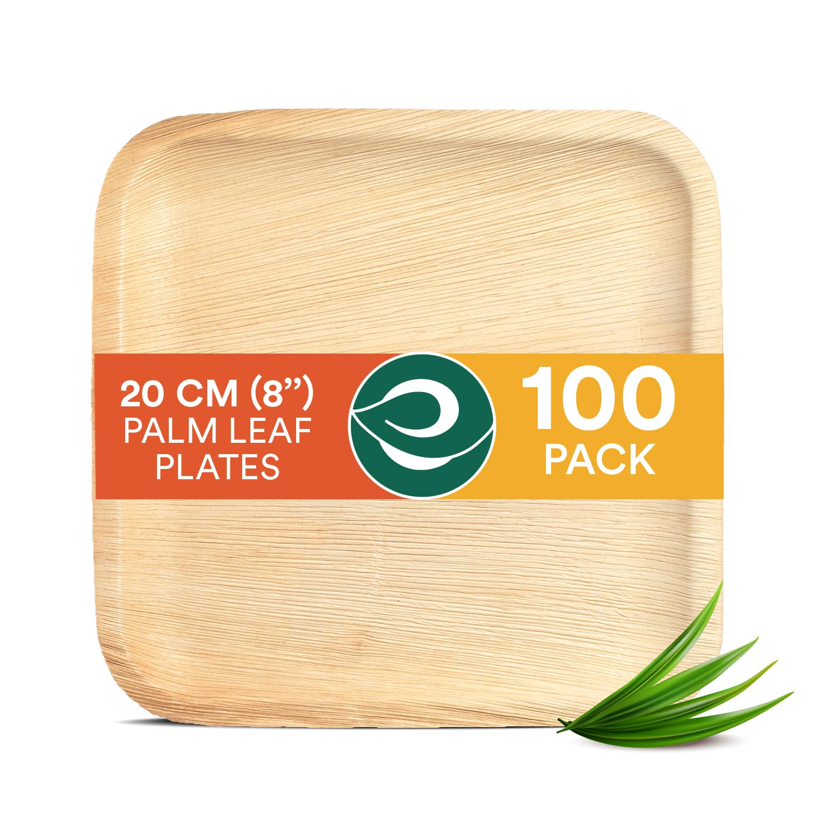 ECO SOUL 100 Disposable Palm Leaf Plates 8(20cm) Square Bamboo Plate I Eco Friendly, Biodegradable, Compostable Heavy-Duty Plate, Wooden Plates for