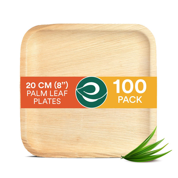 ECO SOUL 100 Disposable Palm Leaf Plates 8(20cm) Square Bamboo Plate I Eco Friendly, Biodegradable, Compostable Heavy-Duty Plate, Wooden Plates for