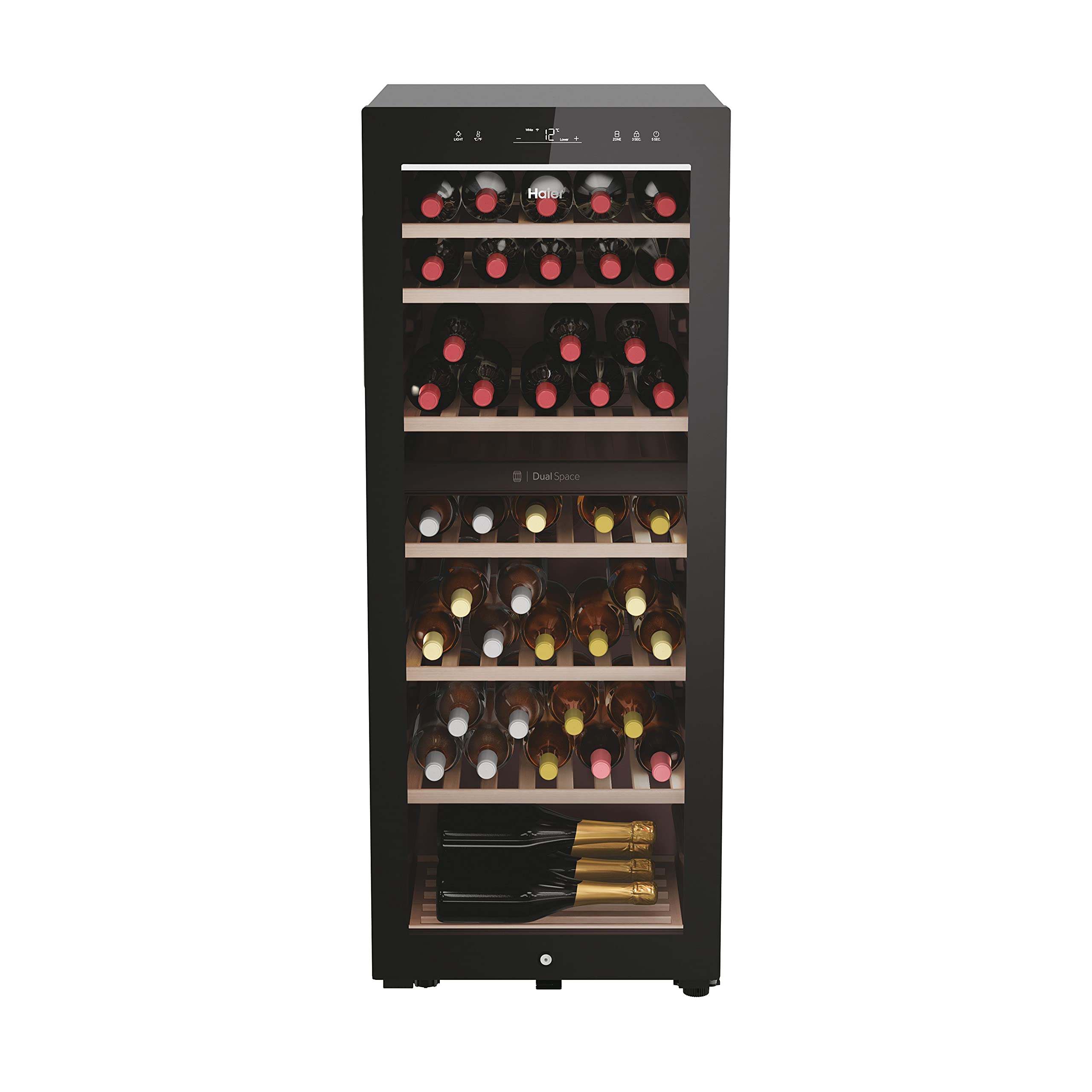 Haier Wine Bank 50 Series 5 Freestanding Wine Cooler, 49 Bottles, Single Zone Temperature, Anti-UV Glass Door, Low Vibration Design, LED Light, hOn App, F Class, Black, 49.7x58.5x82 cm - HWS49GA