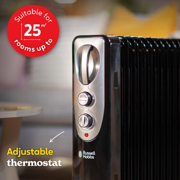 Russell Hobbs 1500W/1.5KW Oil Filled Radiator, 7 Fin Portable Electric Heater - White, Adjustable Thermostat with 3 Heat Settings, Safety Cut-off, 15 m sq Room Size, RHOFR5001, 2 Year Guarantee