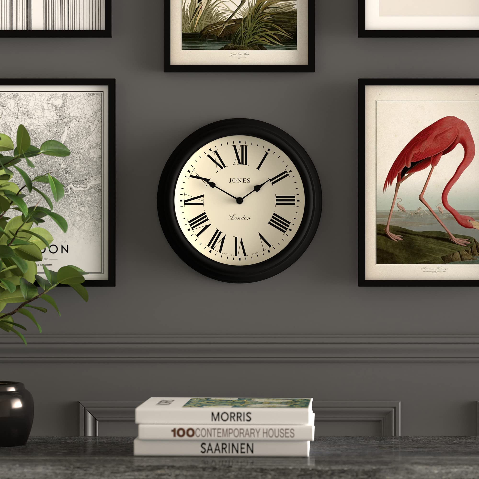 Jones Clocks Venetian wall clock | Classic round clock | 30cm | Black | Roman numerals | Traditional design ideal for kitchen, living room or bedroom