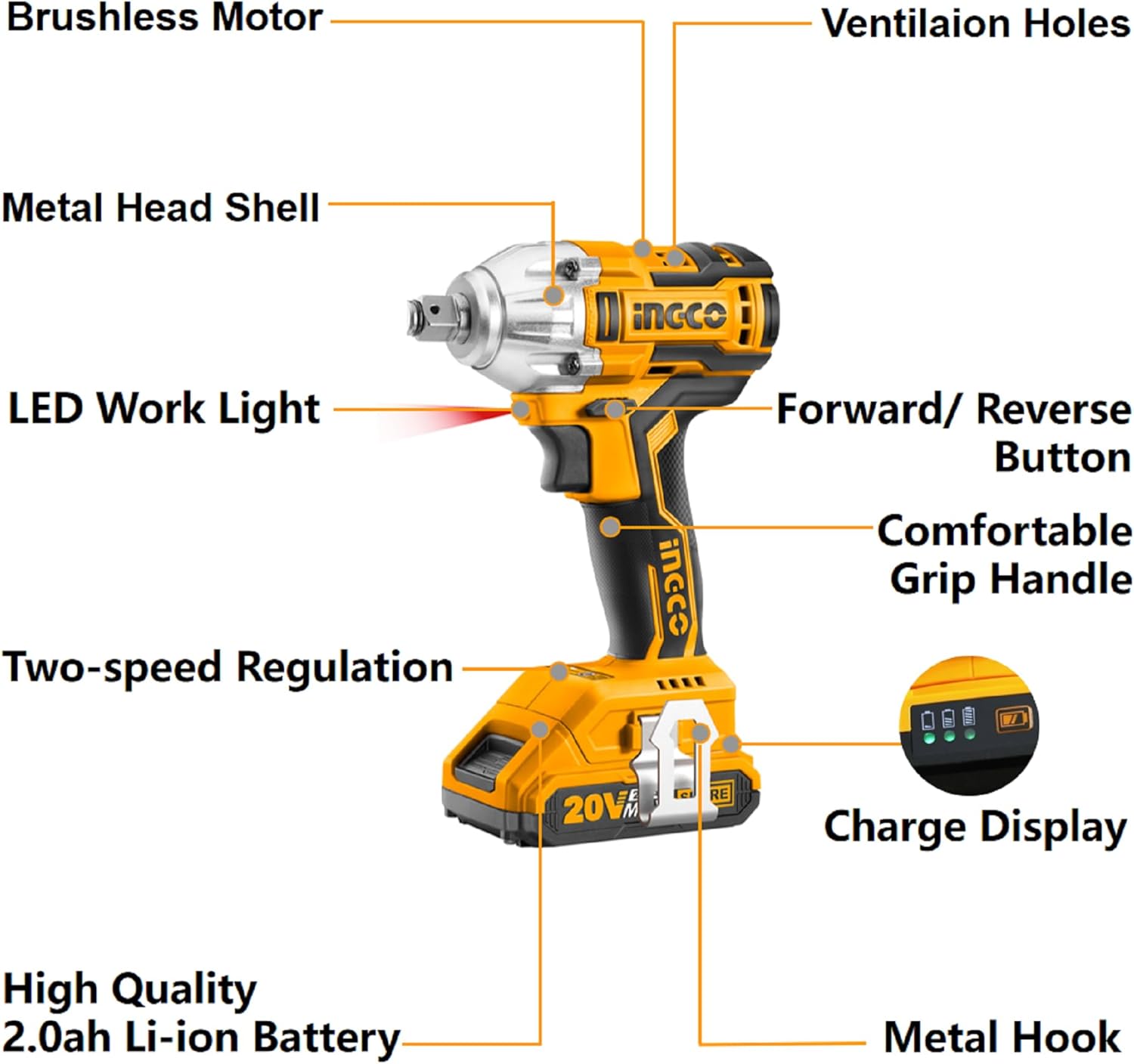 Ingco 20V Brushless Lithium-Ion Impact Wrench with 2Pcs 2.0Ah Batteries, 1Pcs Charger, 3Pcs Sockets, 1/2 Inch, 300NM CIWLI20013