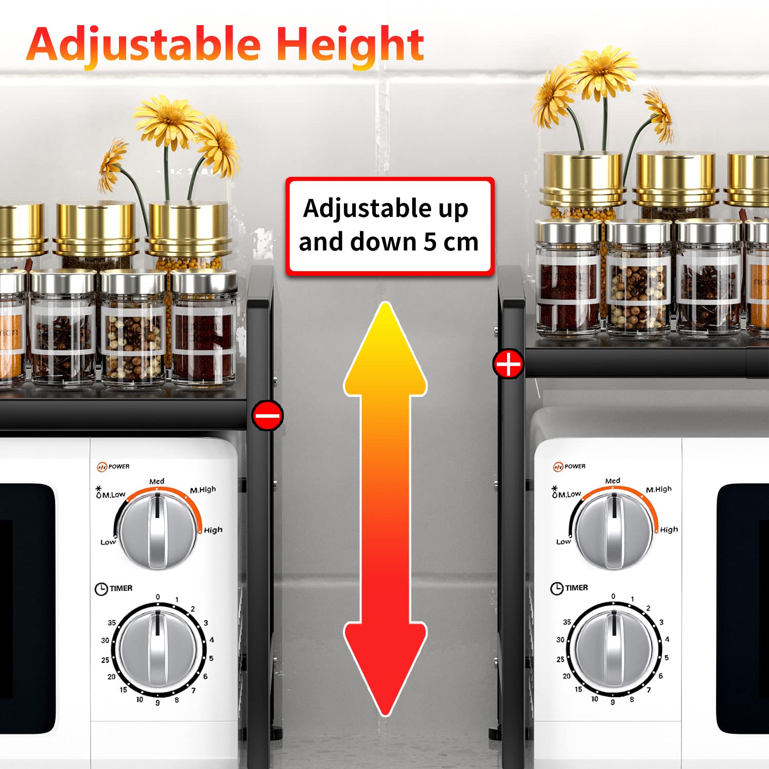 EKNITEY Extendable Microwave Oven Rack - Adjustable Kitchen Counter Shelf, 2 Tier Microwave Stand (L15.7~23.6" xW12.8 xH17.7) with 6 Hooks for Kitchen
