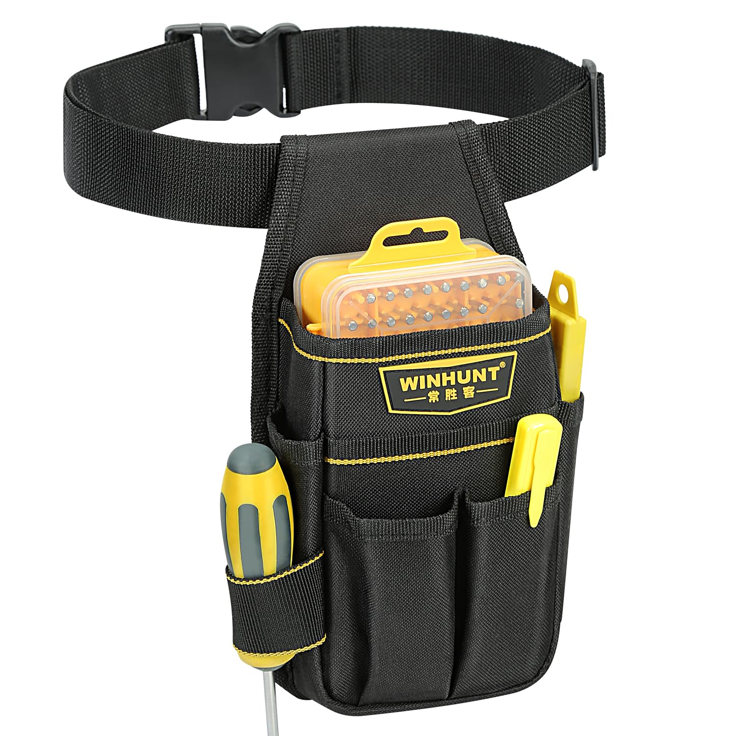 WINHUNT Tool Belt Pouch, Electrician Pouch 18 Pocket with Adjustable Nylon Belt 15x4x22cm Black (18 Pockets)
