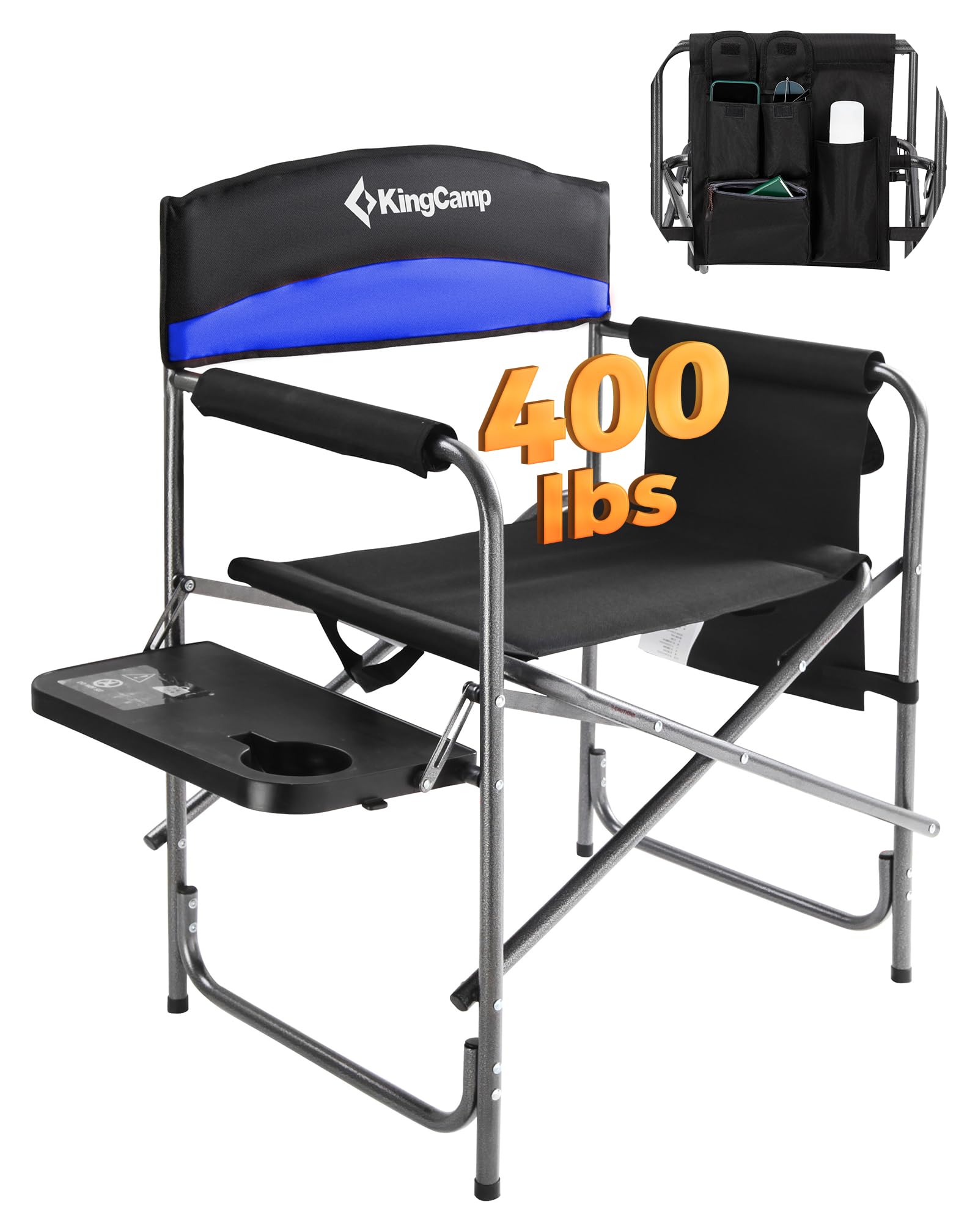 KingCamp Folding Camping Chairs for Adluts Heavy Duty Directors Chair with Cooler Bag and Side Table Support up to 150KG