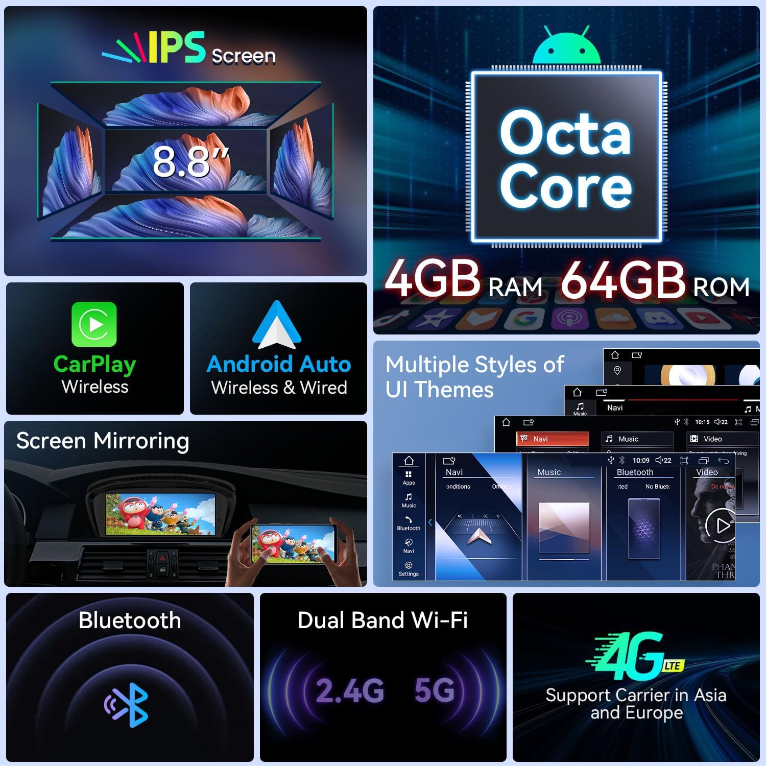 XTRONS 8.8" Car Stereo Android Octa-Core 4+64GB for BMW 3 Series E90 E91 5 Series E60 E61 (2005-2008) w CCC system Touch IPS Screen GPS navigation, w 4G LTE CarAutoPlay Android Auto Support AHD Camera