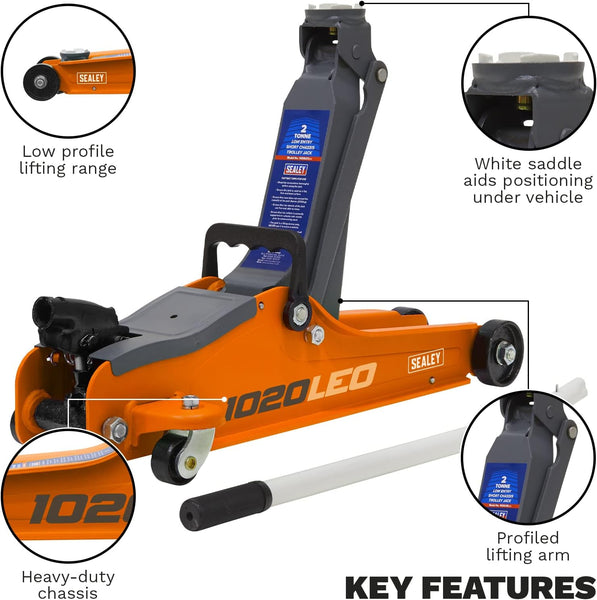 Sealey 2 Tonne Trolley Jack, Car Jack, Low Profile Short Chassis - Orange - 1020LEO