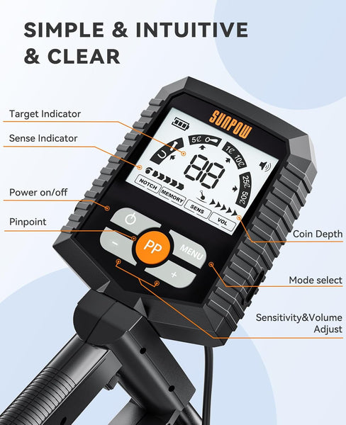 SUNPOW Metal Detector for Adults & Kids, Waterproof Metal Detector for Gold Detecting, Stable Anti-interference, Big LCD Display, 4 Modes, IP68 Search Coil -OTMD13