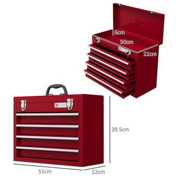 DURHAND 3 Drawer Tool Chest, Lockable Metal Tool Box with Ball Bearing Runners, Portable Toolbox, 510mm x 220mm x 320mm, Red
