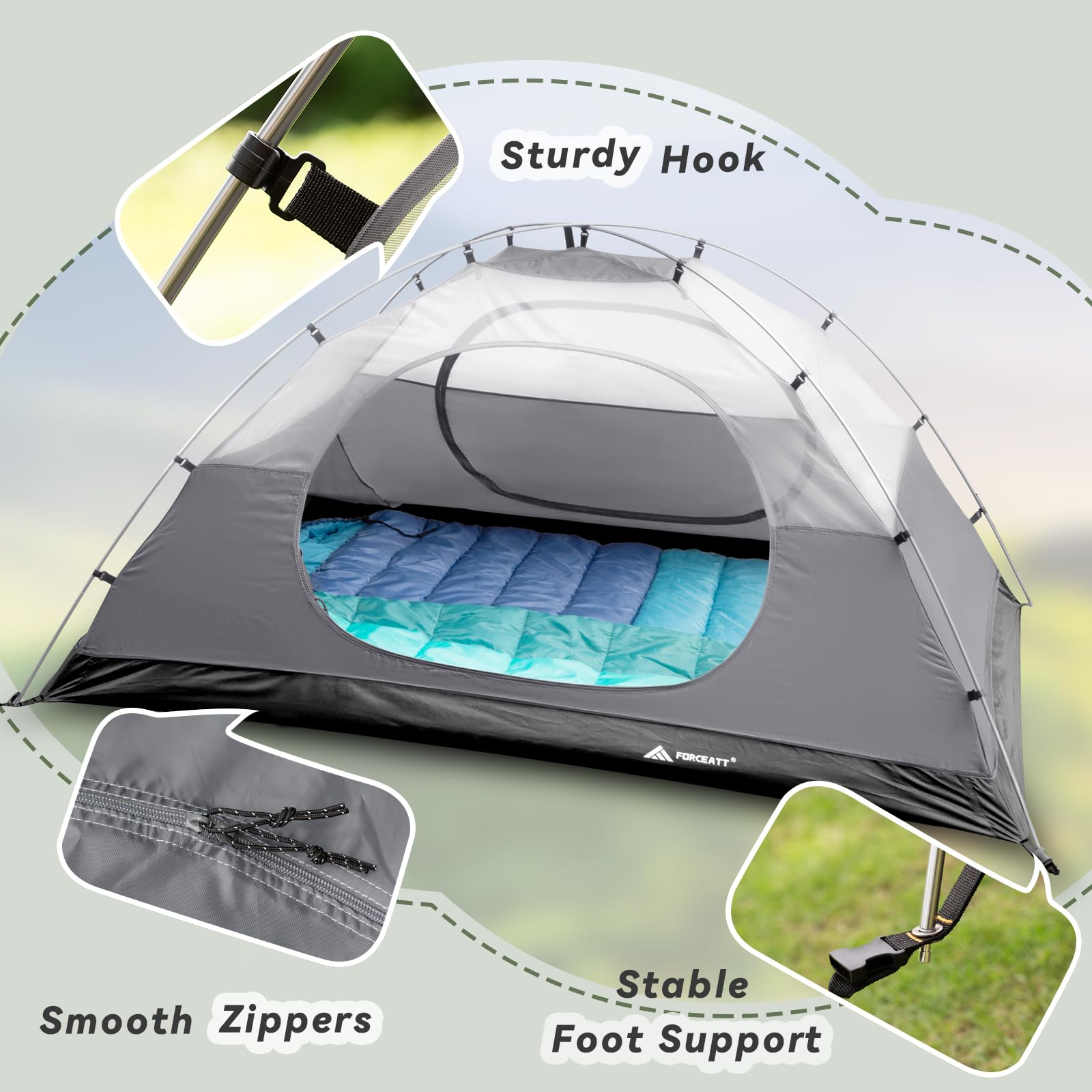 Forceatt Tent, 2-4 Man Tent for Camping, Easy Setup Lightweight Two Doors PU3000mm Waterproof Dome Tent, Windproof Instant Outdoor Tent Suitable for Traveling, Beach, Camping, Hiking, Mountaineering