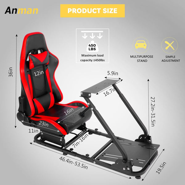 Anman Racing Simulator Cockpit With Red Racing Seat Adjustable Wheel Stand Gaming Simulator Cockpit Fit For Logitech G25 G27 G29 G920 G923 Thrustmaster T80 T150 NOT Include Wheel Shifter and Pedal