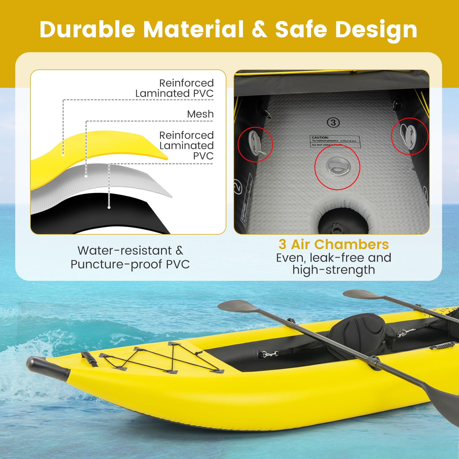 GYMAX Inflatable Kayak Set, 2-Person Inflatable Boat with Aluminum Oars, EVA Padded Seat, Fins, Hand Pump, Repair Kit and Carry Bag, Blow Up Canoe for Lakes, Rivers & Sea Shores