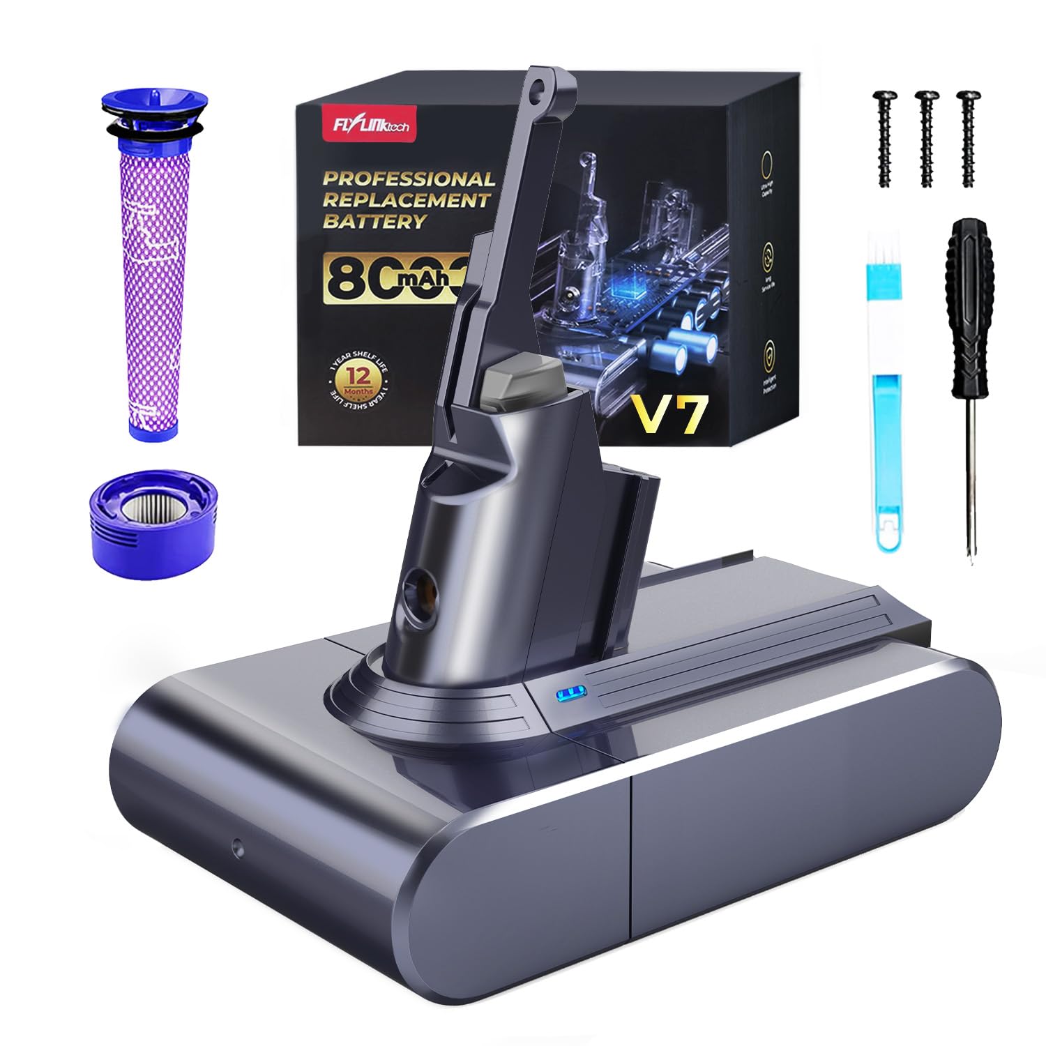 8000mAh Dyson V7 Battery Replacement, FLYLINKTECH Li-ion Battery for Dyson V7 SV11 Compatible with Animal Fluffy Trigger Motorhead and Total Series Vacuum Cleaner with with 2 Filters