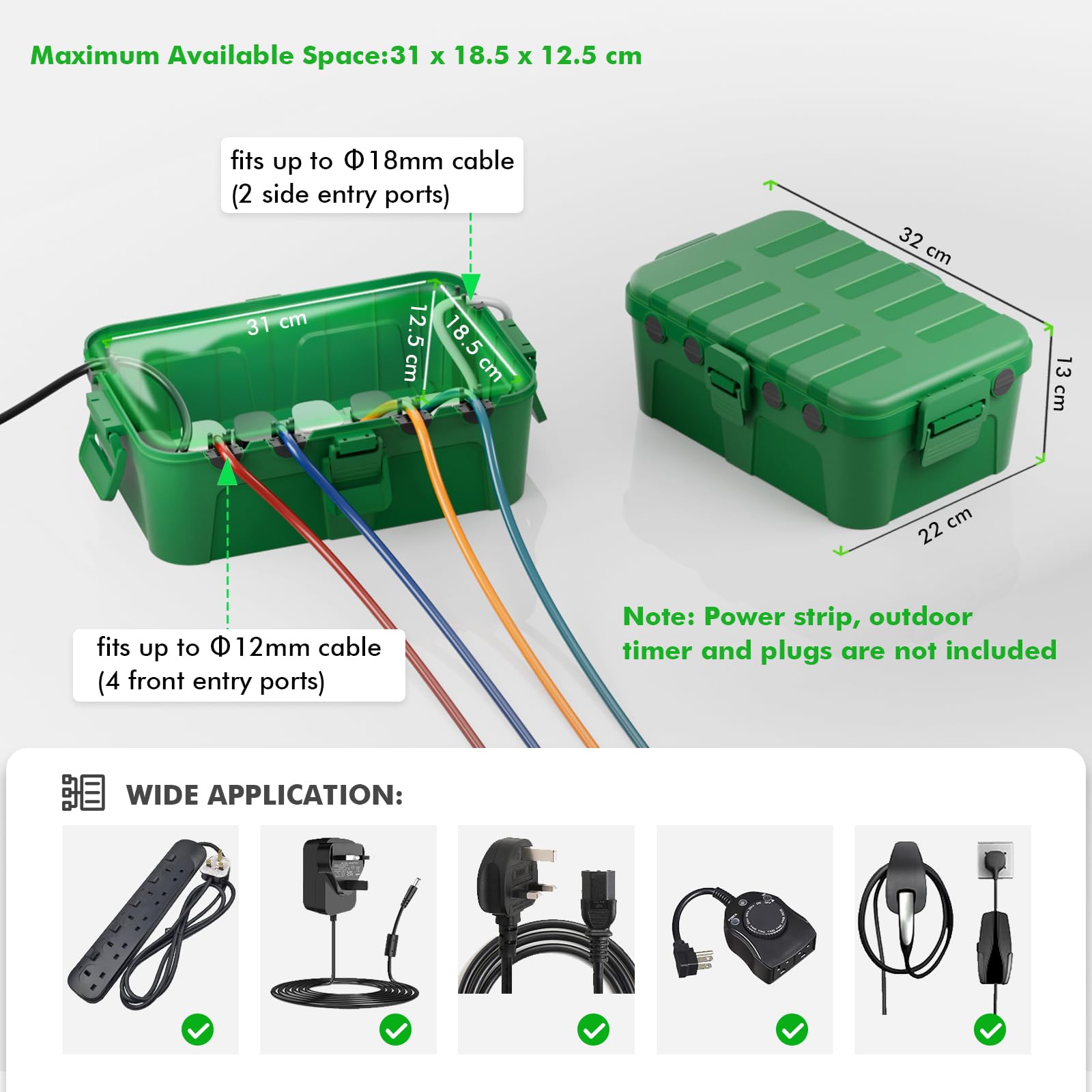 RESTMO Extra Large Waterproof Electrical Box, IP54 Weatherproof Outdoor Outlet Cover, Protect Outlet, Plug, Timer, Power Strip (Not Included), Holiday Light Decoration, 32 x 22 x 13 cm, Black